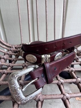 Tony Lama Brown Leather Western Belt with Engraved Silver Buckle